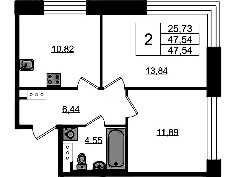 2-комнатная квартира 47.54 м², 3/5 эт., ЖК «Plus Пулковский»